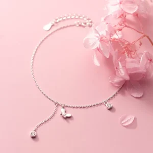 RENSINO 925 Sterling Silver Small Butterfly Shape Ankle Bracelet Trendy Zircon Anklets Foot Summer Fashion Jewelry for Women