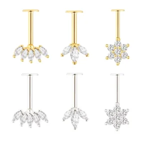 RENSINO 925 Sterling Silver Small Gold Sterling Vertical Helix Stud Indian Ear Earrings Zircon Flat Back Base Mount Body Jewelry