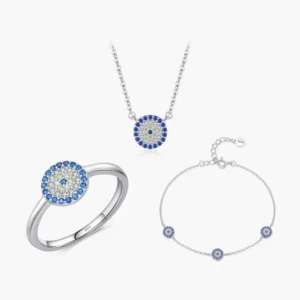 RENSINO 925 Sterling Silver Sparkling Blue White CZ Evil Eyes Necklace Rings Trendy Bracelets for Women Fine Jewelry Sets