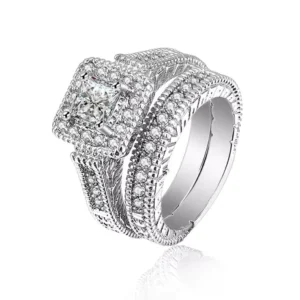 RENSINO 925 Sterling Silver Square Diamond Ring Women’s Fashion Lovers Set Gemstone Rings Trendy Style for Parties Gifts Anniversaries