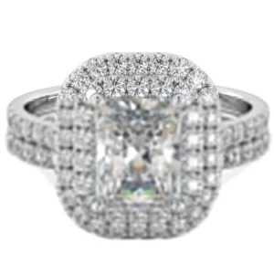 RENSINO 925 Sterling Silver Stacking Engagement Ring Set Double Halo Diamond CZ Radiant Cut Engagement Ring