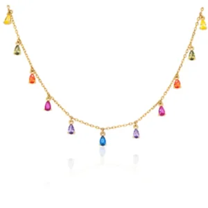 RENSINO 925 Sterling Silver Statement Jewelry 18k Gold Plated Rainbow Colorful Zircon Water Drop Charms Necklace