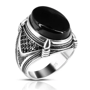 RENSINO 925 Sterling Silver Stone Turkish Rings for Male Vintage Natural Agate Stone Handmade Islamic Silver Men Hand Rings