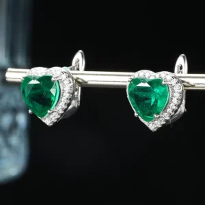 RENSINO 925 Sterling Silver Stud Earrings Women Jewelry Cubic Zirconia Emerald Heart Earrings
