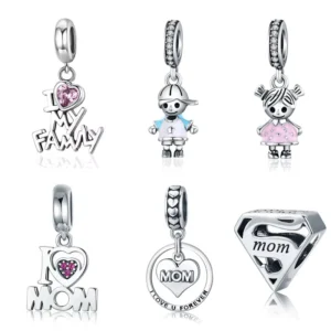 RENSINO 925 Sterling Silver Super Mom Charms Pendants I Love My Family Charm Pendant Kids Charms For Bracelet Making Jewelry
