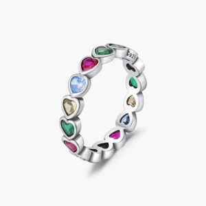 RENSINO 925 Sterling Silver Sweet Colorful Heart Cubic Zirconia Eternity Bands Rings for Women Fine Jewelry Accessories