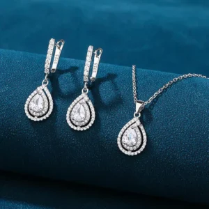RENSINO 925 Sterling Silver Teardrop Zircon Necklace Earring Set Bridal Wedding Jewelry for Women Fashion Accessories Gift
