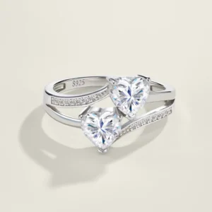 RENSINO Factory Fashion 925 Silver Double Heart VVS1 D Color Moissanite Engagement Ring Delicate Gift Custom Jewelry Ring
