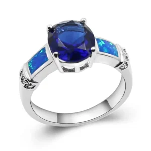 RENSINO 925 Sterling Silver Unique Design Gemstone Ring for Women Blue White Opal Oval Ring Jewelry