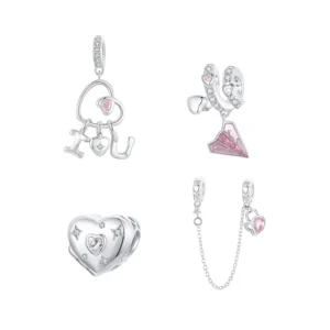 RENSINO 925 Sterling Silver Valentine’s Gift Pink Heart Charms Safety Chain Openable Lock Beads Fit Original Bracelet DIY Necklace
