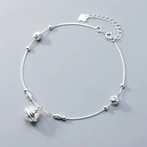 RENSINO 925 Sterling Silver Vintage Exquisite Hollow Pattern Bell Beads Boxes Chain Charm Anklets for Women Fine Jewelry
