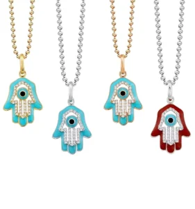 RENSINO 925 Sterling Silver Vintage Style Jewelry Colorful Enamel Hamsa With Ball Chain Necklace