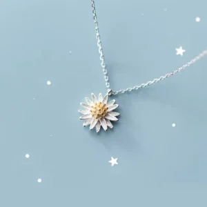 RENSINO 925 Sterling Silver White Daisy Flower Shape Pendant Statement Link Chain Necklace