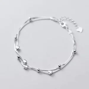 RENSINO 925 Sterling Silver Women Foot Jewelry Double Layer Box Chain Heart Shape Anklet