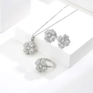 RENSINO 925 Sterling Silver Women’s Adjustable Ring Set Clover Rotating Necklace Earrings New Design Anti-Allergy for Party Zircon