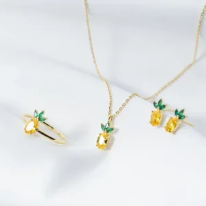 RENSINO 925 Sterling Silver Yellow Cubic Zirconia Pineapple Shape Ring Pendant Necklace and Earrings Fashion Jewelry Sets for Women