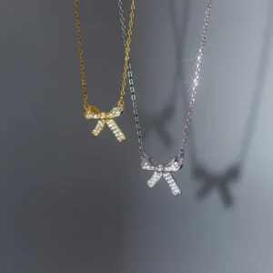 RENSINO 925 Sterling Silver Zircon Bow Knot Pendant Gold Plated Chain Dainty Necklaces Fashion Jewelry for Women