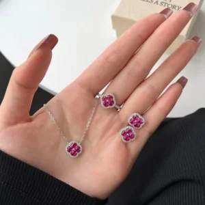 RENSINO 925 Sterling Silver Zircon Clover Jewelry Set Necklace Ring Earrings Set Women Girl Gold Plated Jewelry Set for Gift