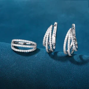 RENSINO 925 Sterling Silver Zircon Ring Earring Set Three Line Design Trendy Bridal Wedding Party Jewelry Women Fashion Accessories Gift