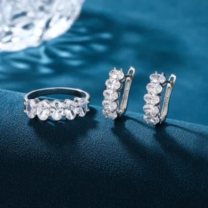 RENSINO 925 Sterling Silver Zircon Ring Earring Set Women Rhodium Plated Oval Cut