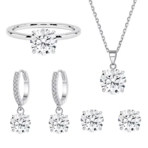 RENSINO 925 Sterling Silver Zircon Round Brilliant Cut Bridal Fine Jewelry Set