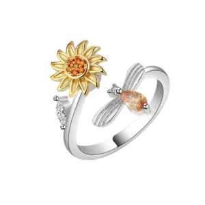 RENSINO 925 Sterling Silver Zircon Sunflower Rotating Anxiety Fidget Spinner Open Ring for Women