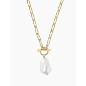 RENSINO 9K/10K/14K/18K Solid Gold Necklace White Baroque Pearl Gold Toggle Necklace Natural Freshwater Pearl Women Necklace