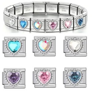 RENSINO 9mm Italian Style Charm Bracelet Stainless Steel Stretchable Colorful Heart Zircon Charms DIY Interchangeable