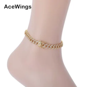RENSINO A005 8mm Brass CZ Cuban Anklet 9inch 10inch Iced Out Cubic Zircon Bling Bling for Women