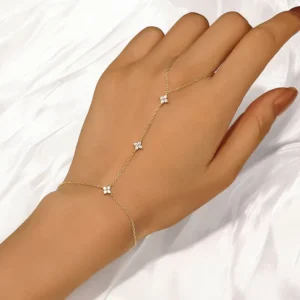 RENSINO AB009 New Fashion 925 Sterling Silver Zircon Four Leaf Clover Ring Chain Bracelet for Women Girl Gift Daily Wear Accessories