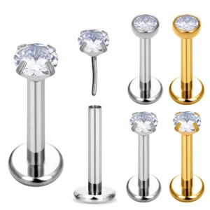RENSINO ASTM F136 G23 Titanium 18G Push Pin Labret Medusa Piercing Monroe Lip Helix White CZ Jewelry