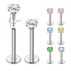 RENSINO ASTM F136 G23 Titanium Internally Threaded Prong Teeth Labret Helix Stud Flat Back Pink Blue Purple Zircon Stud Earring