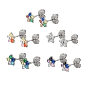 RENSINO ASTM F136 G23 Titanium TB-1538 Punk Style Bezel Set Flower Zircon Earrings Nose Rings & Studs Wedding Body Jewelry