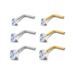 RENSINO ASTM F136 Implant Grade Titanium Fashion Body Piercing Jewelry White CZ Prong L Shape Nose Stud Zircon