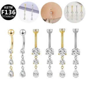 RENSINO ASTM F136 Titanium 14G Curved Barbell Navel Ring with 3pcs CZ Teardrop Dangle Belly Button Piercing Jewelry for Women