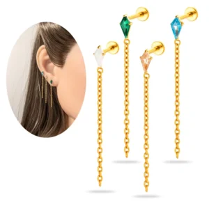 RENSINO ASTM F136 Titanium 16G Dangle Chain Labret Stud Kite CZ Cartilage Earring Internally Threaded Helix Tragus Conch Piercing