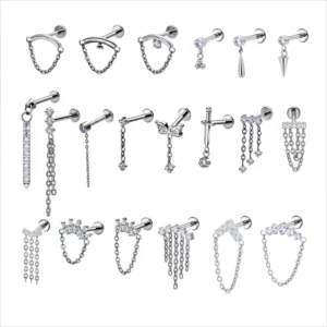 RENSINO ASTM F136 Titanium 16G Flat Back Children’s Earring Zircon Tassel Chain Dangle Helix Cartilage Conch Labret Lip Piercing