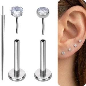 RENSINO ASTM F136 Titanium 16G Threadless Pin Flat Back Base Stud Earrings Conch Helix Clear CZ Body Piercing