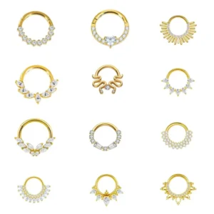 RENSINO ASTM F136 Titanium 18K Gold Plated Heart Shape Internally Threaded Nose Ring Zircon Claw Setting 8mm Bar Length