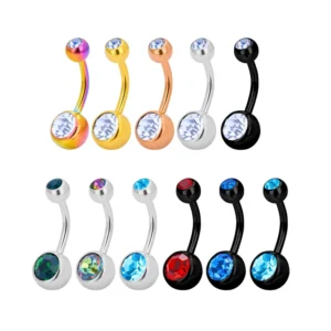 RENSINO ASTM F136 Titanium Belly Rings 14G Silver Black Color Zircon Inlay Curved Barbell Internal Thread Navel Piercing Jewelry