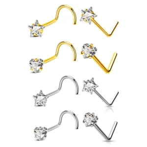 RENSINO ASTM F136 Titanium Body Jewelry 14K Round Star Heart CZ Tops Nose Screw Rings Piercing with Diamond and Zircon Stone
