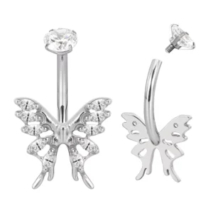 RENSINO ASTM F136 Titanium Butterfly Shaped CZ Belly Button Ring Piercing Jewelry Navel Ring