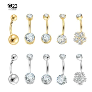 RENSINO ASTM F136 Titanium Captive Bead Ring Surface Navel Stud 18G 20G 22G Clear CZ Zircon Belly Piercing Navel Body Jewelry