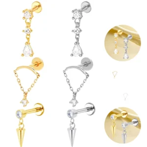 RENSINO ASTM F136 Titanium Gold Plated Flatback Ear Piercing Earrings Dangle Chain Internal Thread Zircon Body Labret