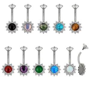 RENSINO ASTM F136 Titanium Hypoallergenic Top CZ with Triangle Center Floral Belly Button Navel Ring for Kids Wedding Occasion