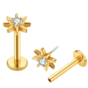 RENSINO ASTM F136 Titanium Sunshine Threadless Push in 18k Plated Labret Lip Flat Back Piercing Studs Body Ball Piercing