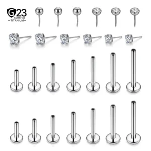 RENSINO ASTM F136 Titanium Threadless Push Pin Flat Back Labret Stud Tragus Helix Conch CZ Body Jewelry