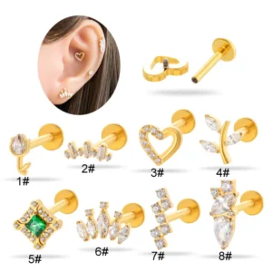 RENSINO ASTM F136 Titanium Zircon Piercing De Titanio Tragus Helix Daith Lobe Flat Back Earrings Internal Thread Labret Jewelry