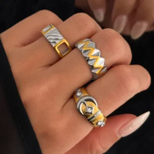 RENSINO AW NEW VINTAGE MIX COLOR SCULPTURAL VOLUME TINY ZIRCON RING SET Dazan HOT 18k PVD Gold Plated Stainless Steel Lady JEWELRY