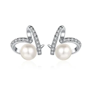 RENSINO AZ505 E White Freshwater Pearl Studs Bridal Bling Moissanite Diamond Jewelry Genuine Pearl Earrings 925 Sterling Silver